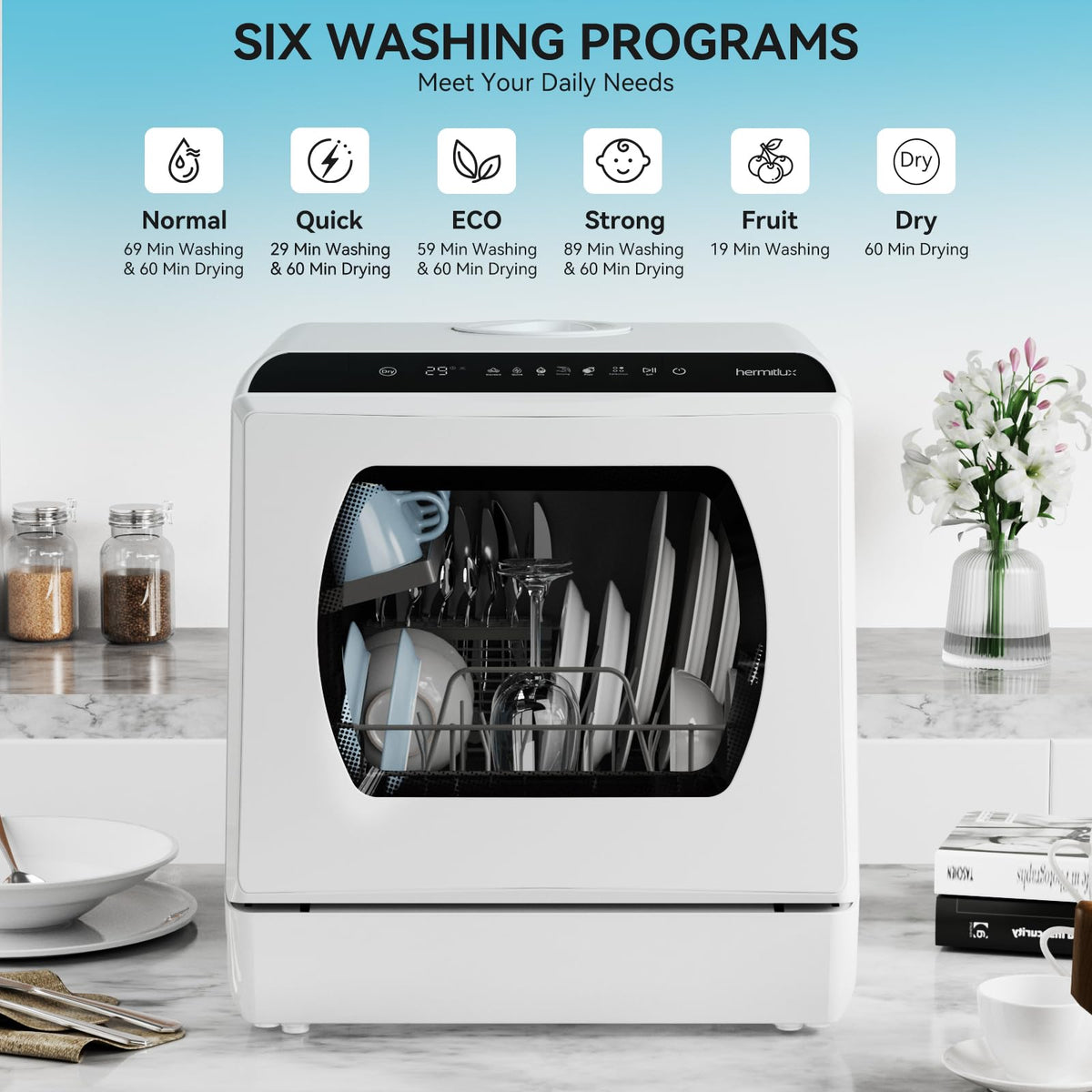 Hermitlux Countertop Dishwasher, 5 Place Settings Portable Dishwashers Mini