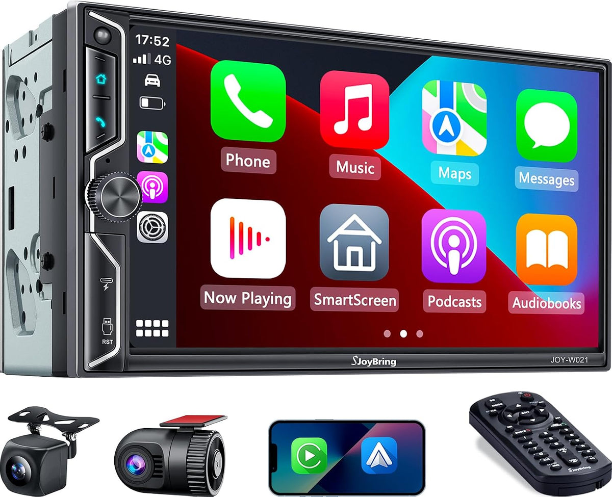 7" QLED Double Din Car Stereo Compatible with Wireless Apple CarPlay & Android Auto, 240W 4.2CH Dual Subwoofer Out, Dash Cam & Backup Camera Included, Bluetooth, Mirrorlink, FM/AM Car Radio