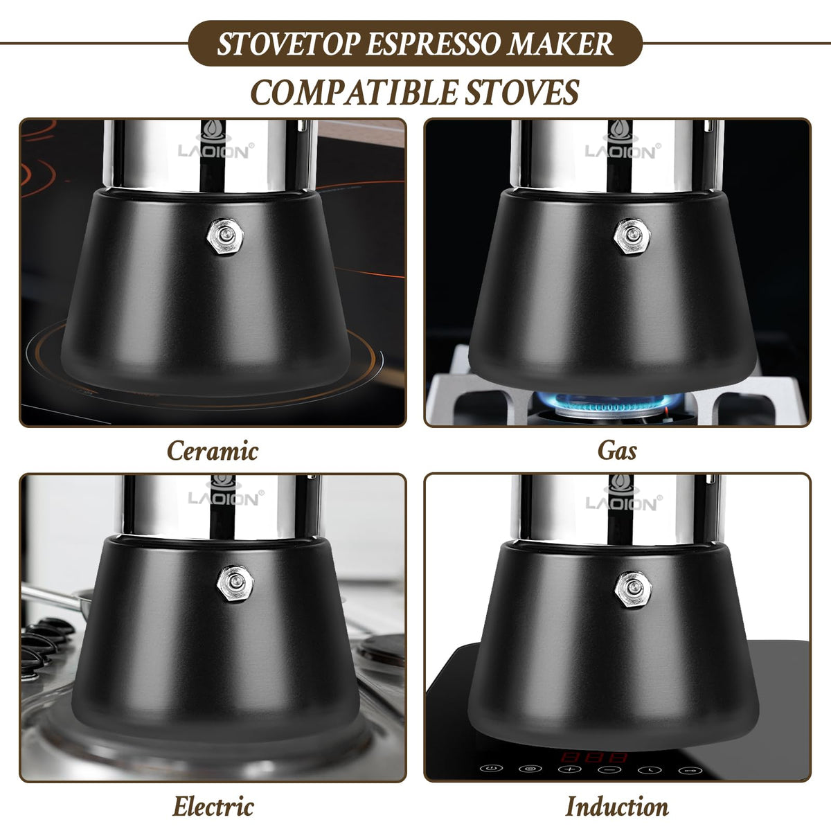 LAOION Stovetop Espresso Maker, 6Cup 10 oz Moka Pot, Stainless Steel