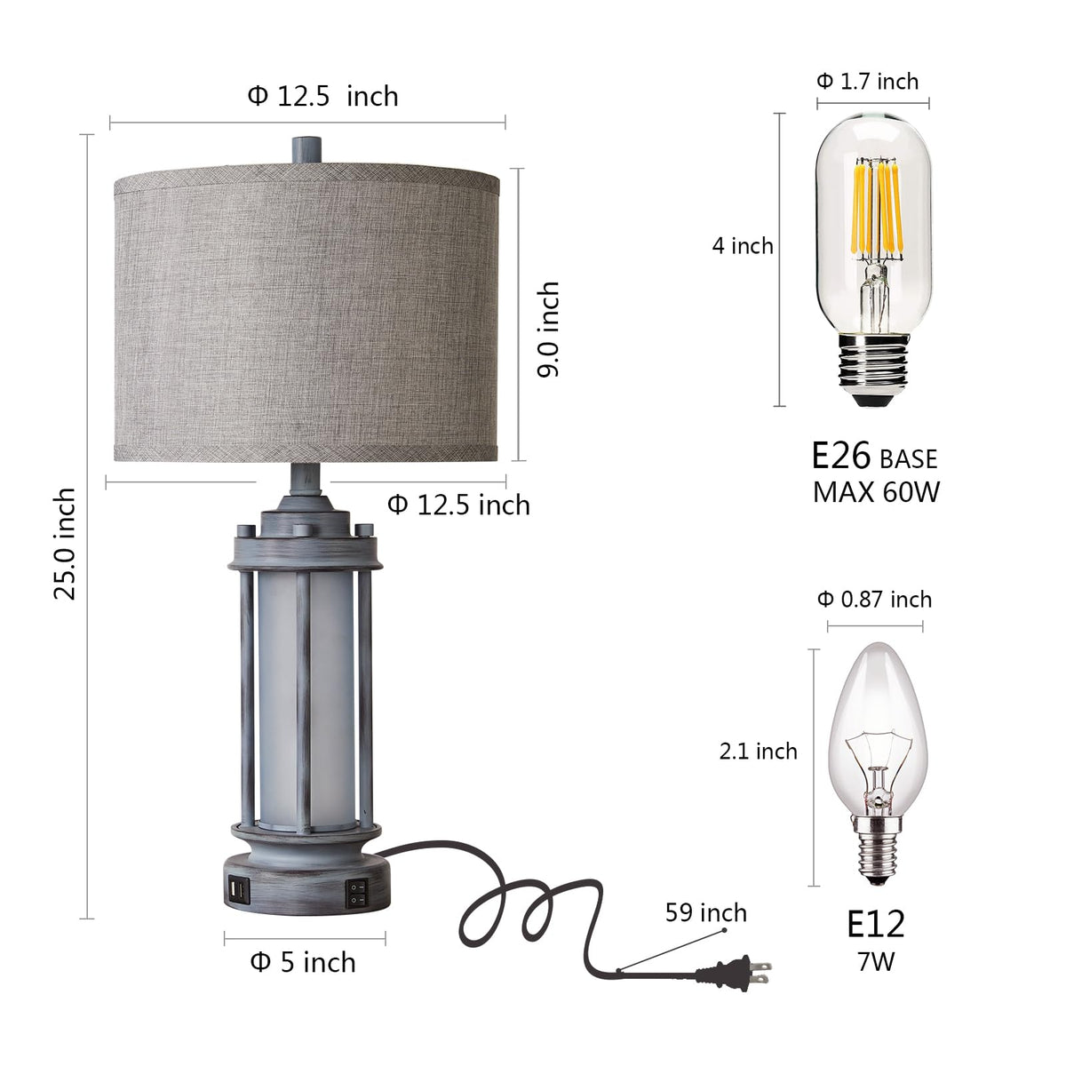 AIEAMPDO 25'' Set of 2 Farmhouse Table Lamps for Living Room with USB C+A