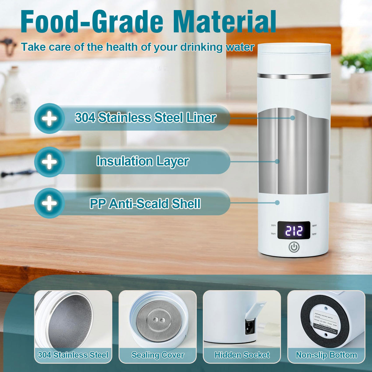 Portable Electric Kettle for Travel 120V, 13.5oz, 4 Temp Settings
