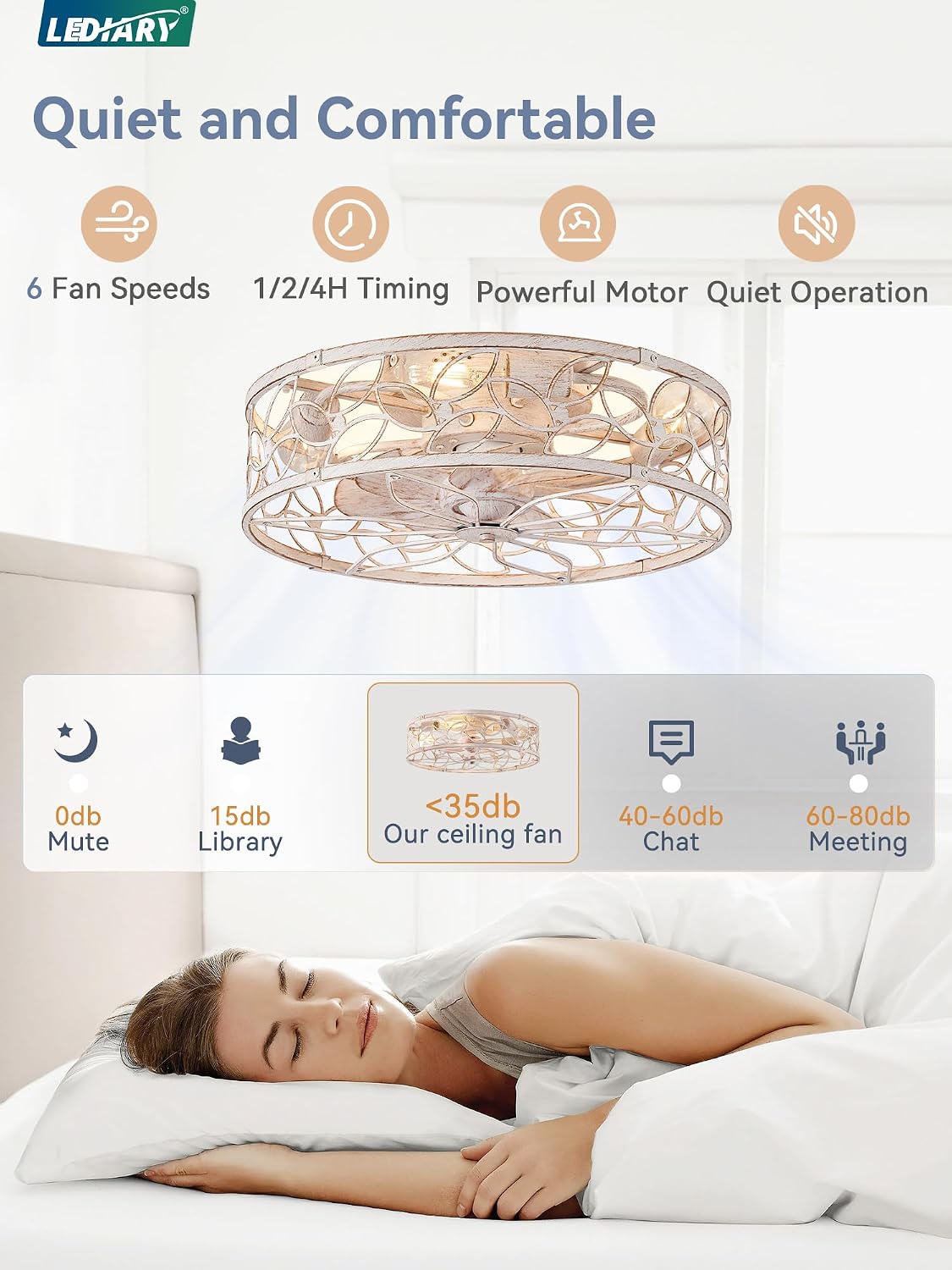 LEDIARY Caged Ceiling Fan with Light, Flush Mount Fandalier with Remote