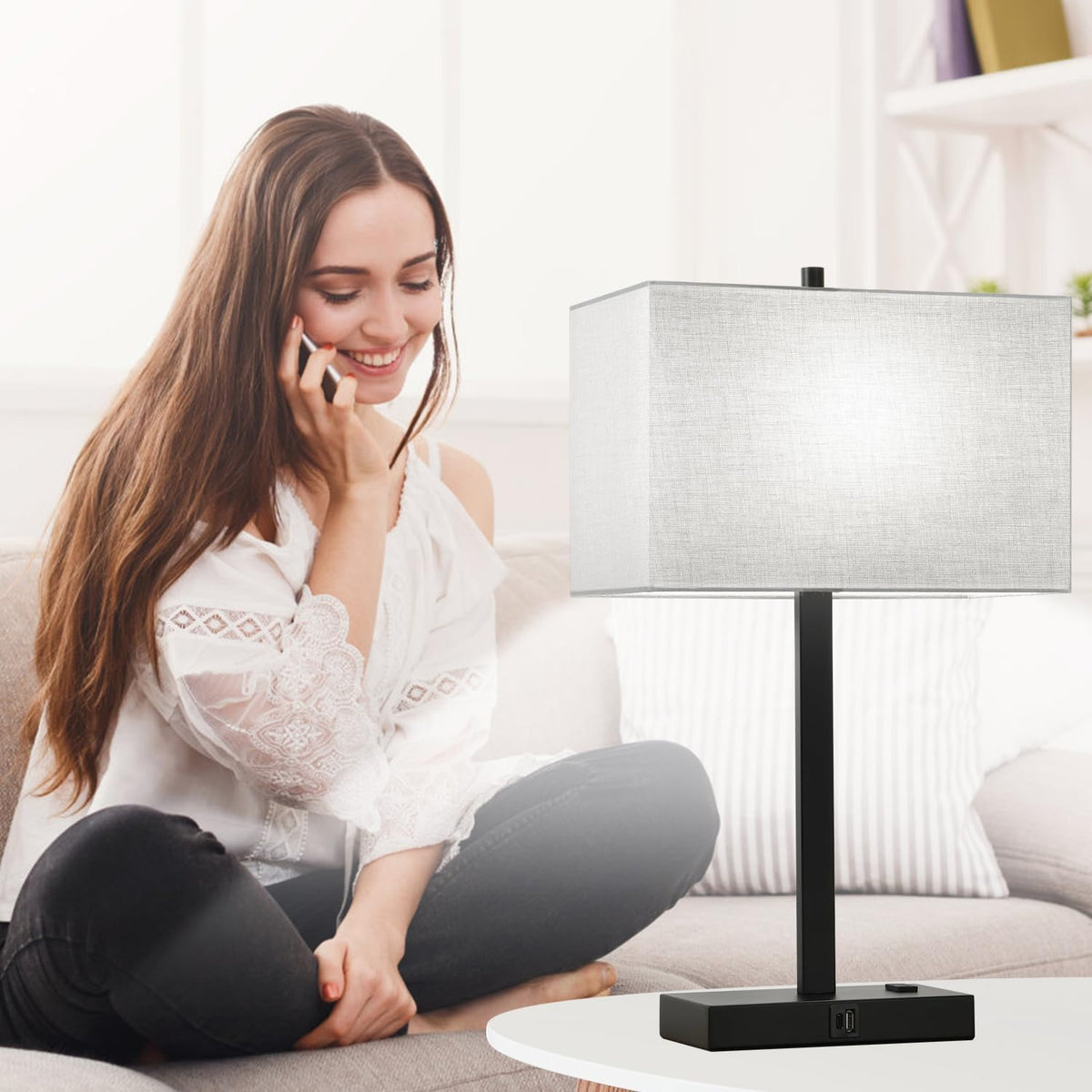 Lynnoland Set of 2 Touch Control Table Lamps with 2 USB & AC Outlet, 3-Way Dimmable Bedside Nightstand Lamps for Bedroom Living Room Nursery, 800 Lumens 5000K Daylight Bulbs Included