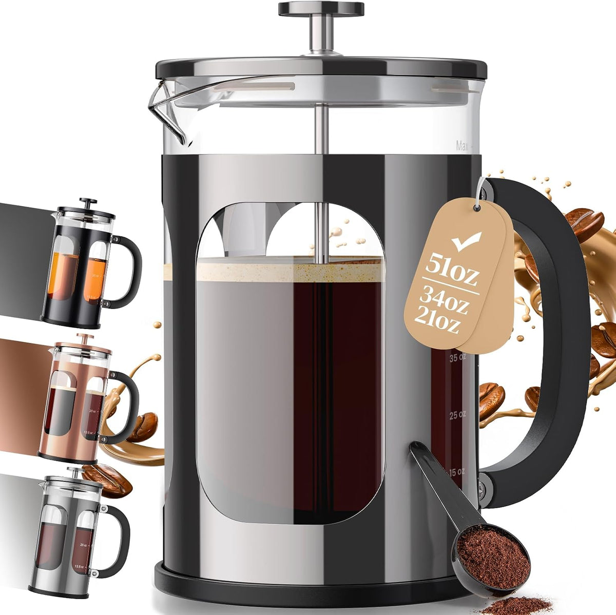 Veken 34oz French Press Coffee Maker, No Plastic Touching Cafe,1 L Cafetera
