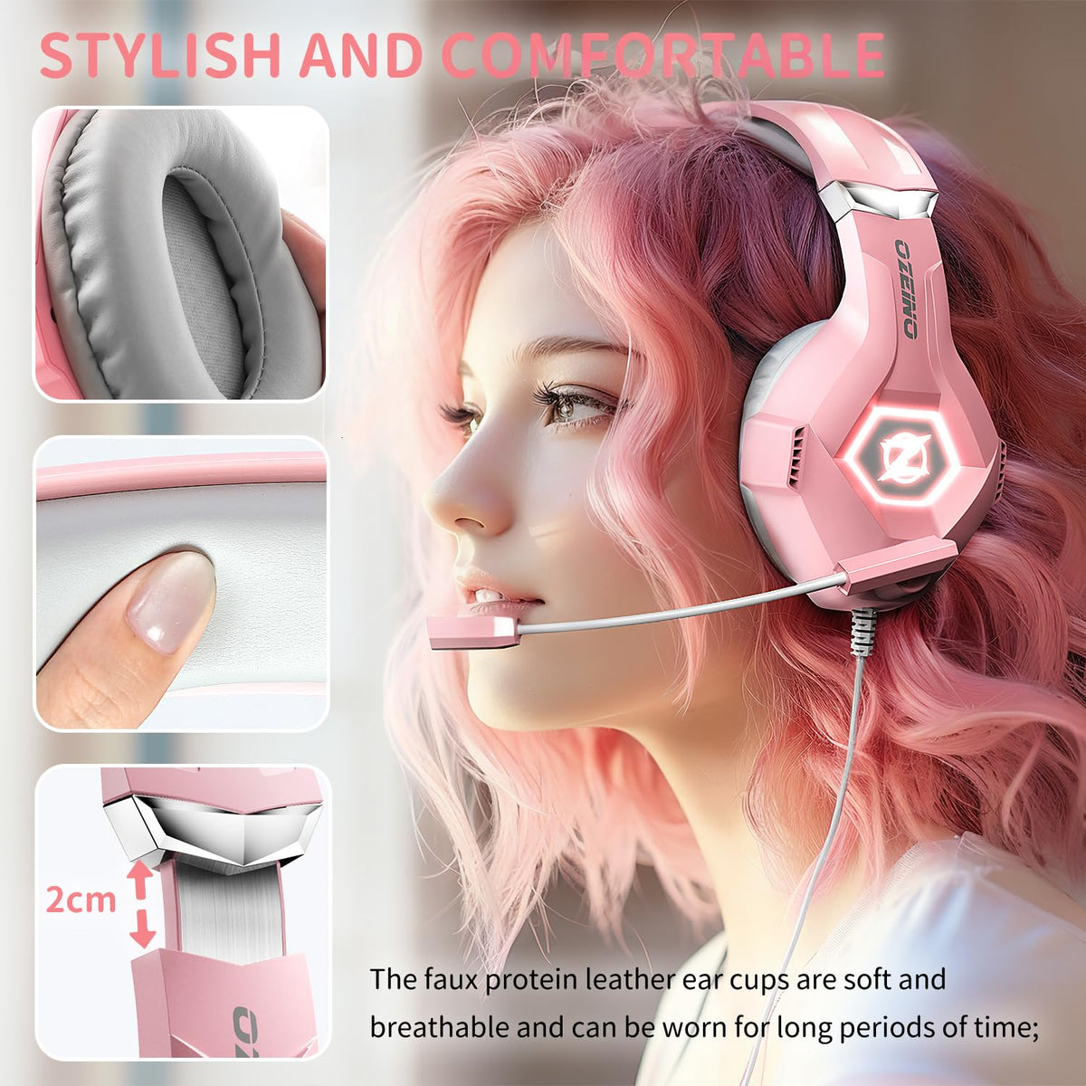 Ozeino Gaming Headset for PC, Ps4, Ps5, Xbox Headset with 7.1 Surround Sound Gaming Headphones with Noise Canceling Mic, LED Light Over Ear Headphones for Switch, Xbox Series X/S, Laptop, Mobile White