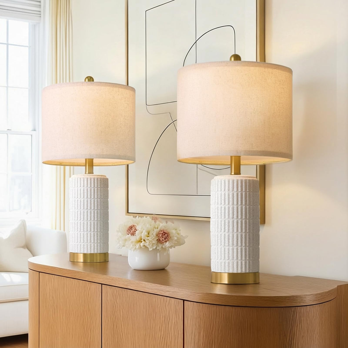 PoKat 20.75" Small Modern Ceramic Table Lamps Set of 2 for Bedroom, White