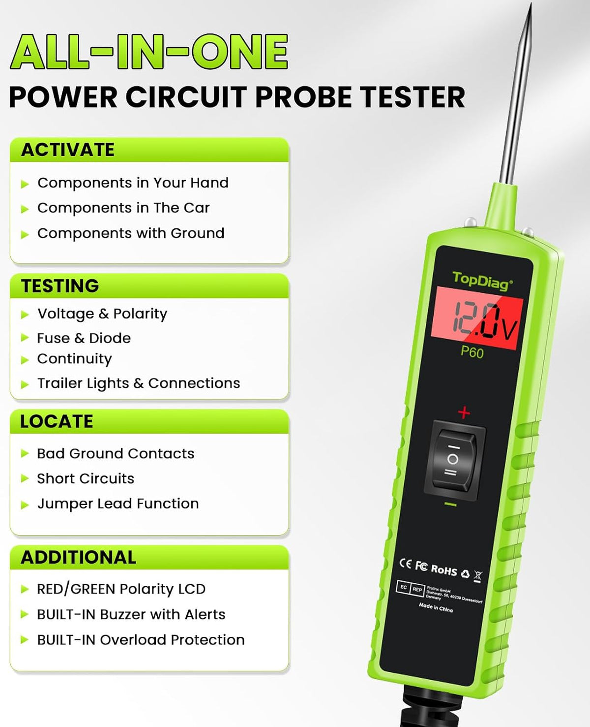 12V Test Light Automotive, Power Circuit Probe Kit, Car Fuse Tester, P60