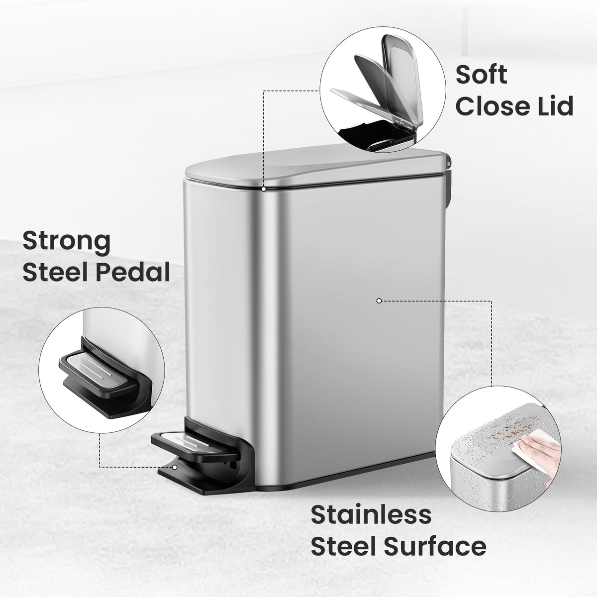 Cesun Small Bathroom Trash Can with Lid, 1.6 Gal, Soft Close, Matte Black