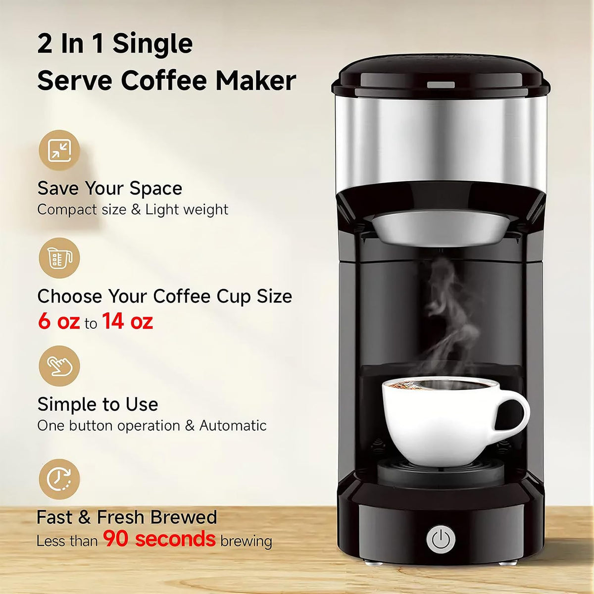 Single Serve Coffee Maker, Small K Pod&Ground Coffee Machine