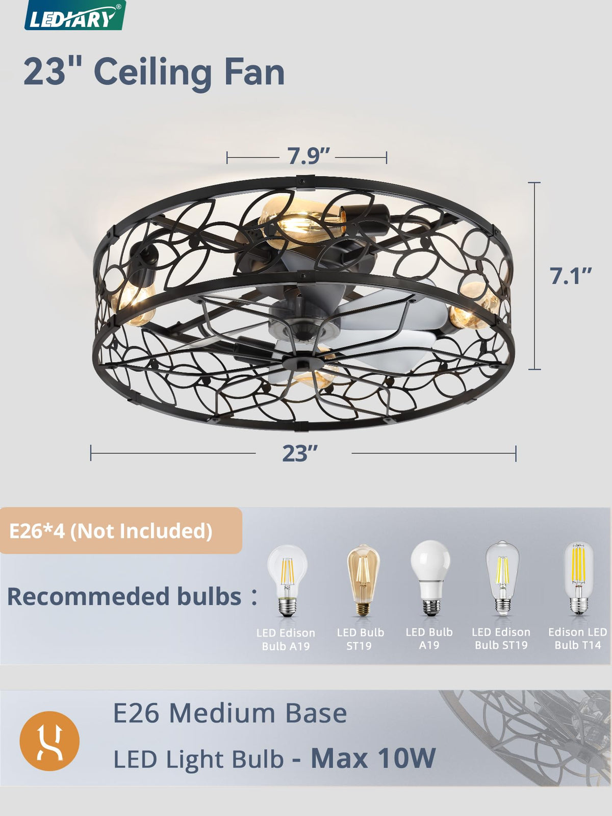 LEDIARY Caged Ceiling Fan with Light, Flush Mount Fandalier with Remote