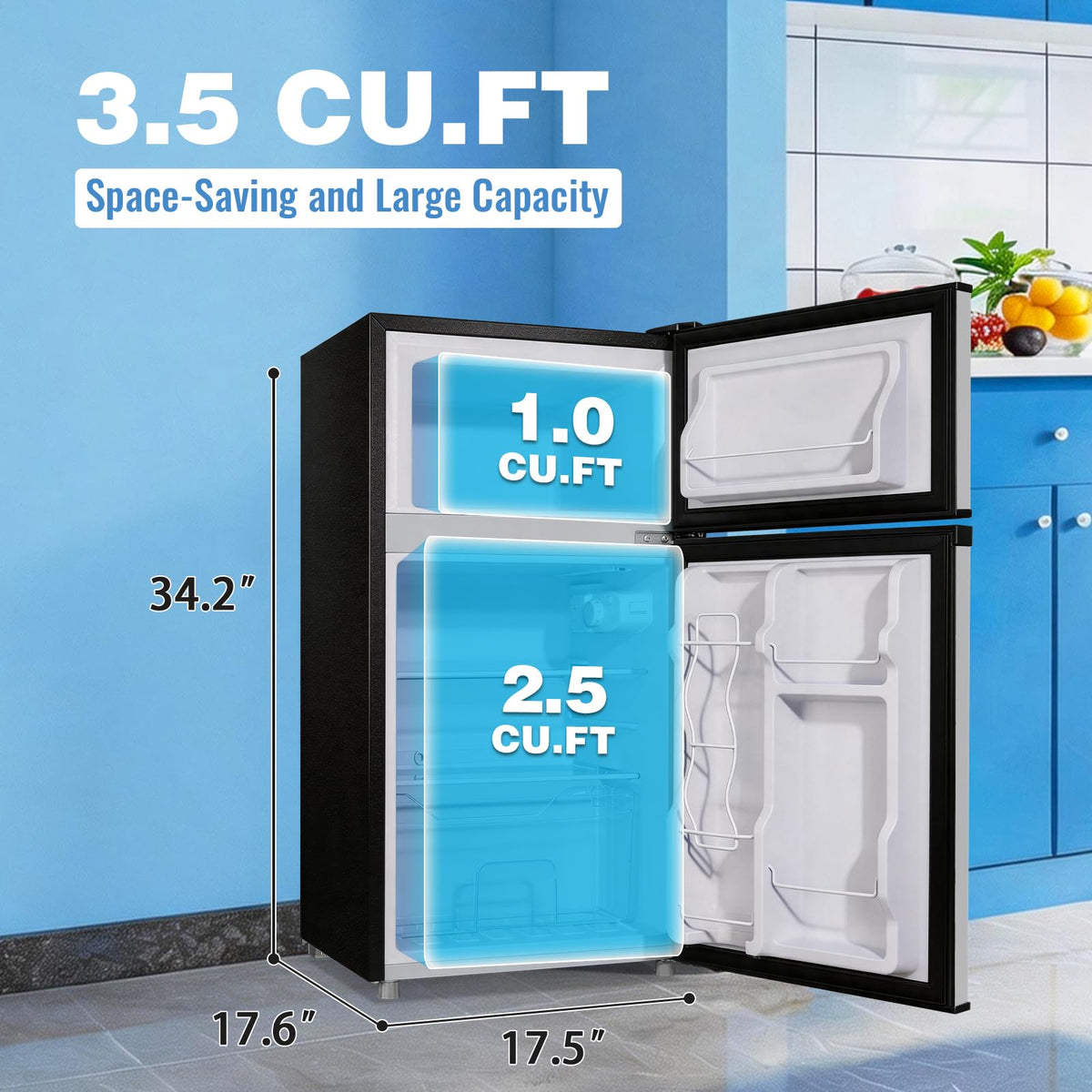 3.5 Cu.Ft Compact Refrigerator Gray, Dual-Door MIni Fridge for Home