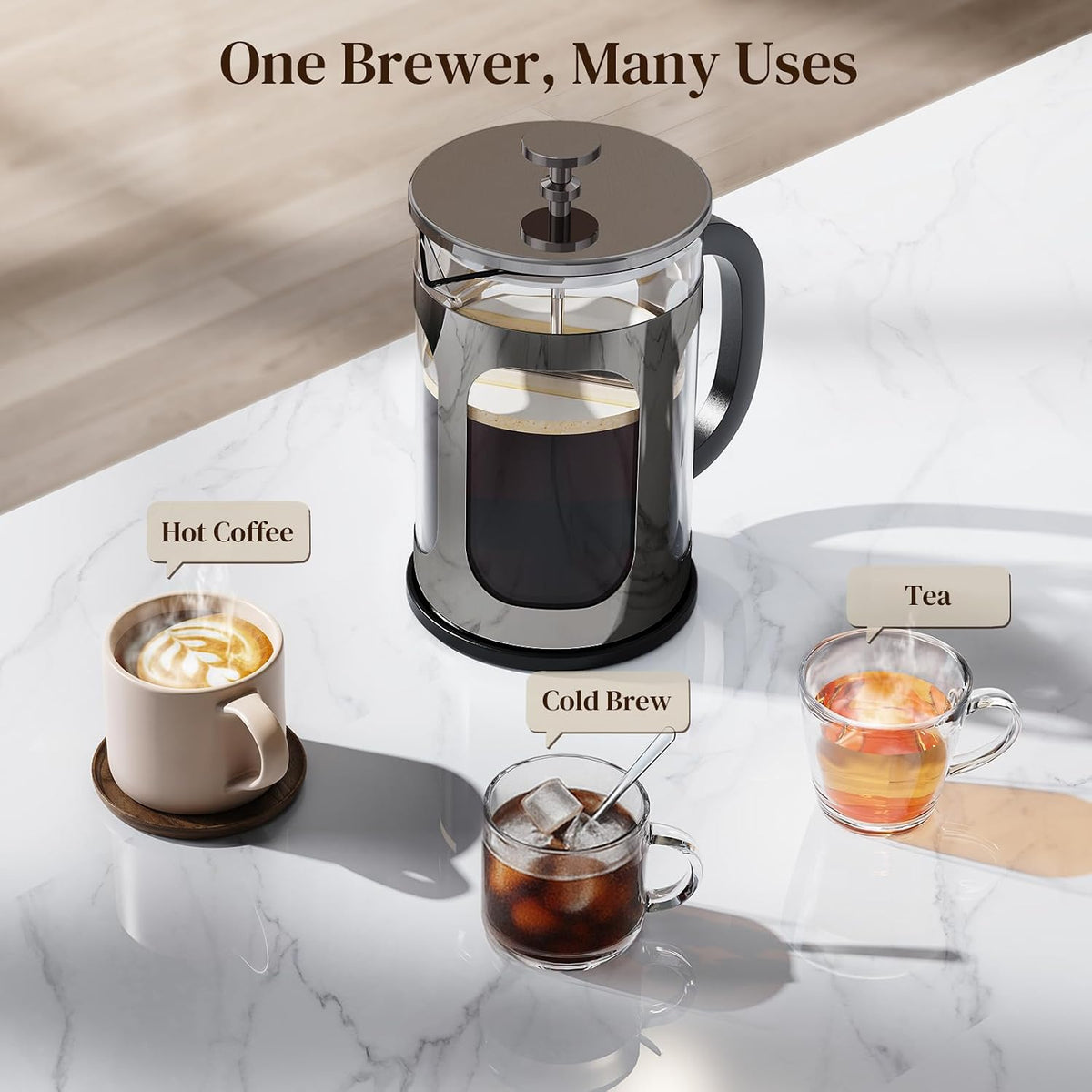 Veken 34oz French Press Coffee Maker, No Plastic Touching Cafe,1 L Cafetera