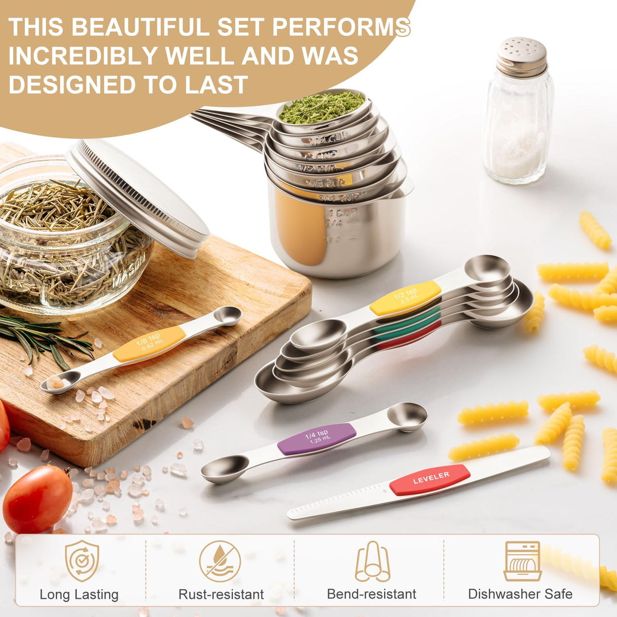 EWFEN Measuring Cups and Spoons Set, 7 Stainless Steel Nesting Measuring Cups & 7 Spoons, 5 Mini Measuring Spoons &1 Leveler, Kitchen Gadgets for Cooking & Baking, Square