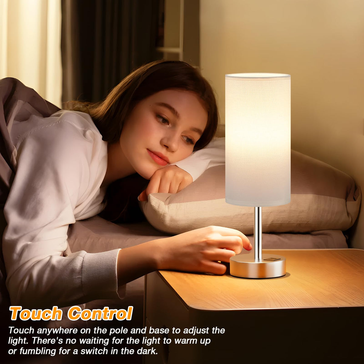 Dicoool Bedside Table Lamp for Bedroom - 3-Way Dimmable Touch Lamp, USB A+C