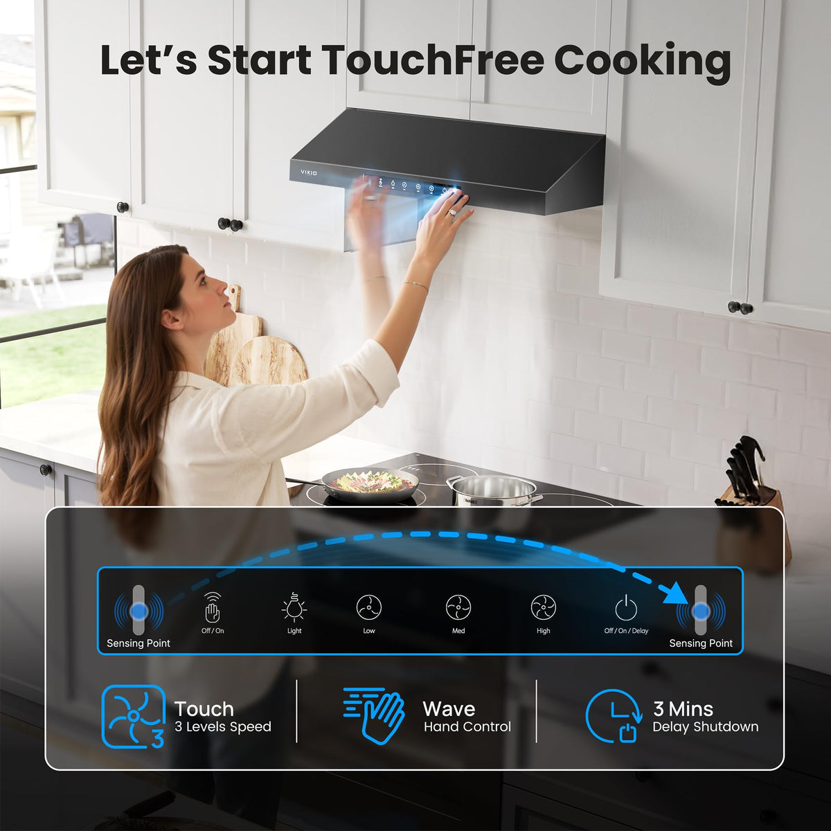 VIKIO HOME 36 Inch Under Cabinet Range Hood 900 CFM, Dual Motor Powerful Kitchen Vent Hood, Gesture & Touch Control, Ultra Quiet DC Motor, Dishwasher-Safe Filters, LED Lights, Stainless Steel