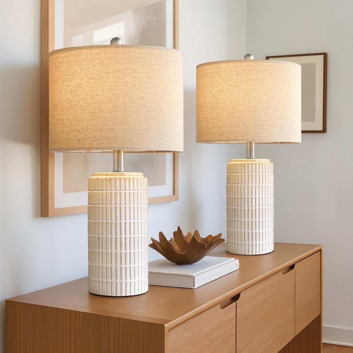 PoKat 20.75" Small Modern Ceramic Table Lamps Set of 2 for Bedroom, White