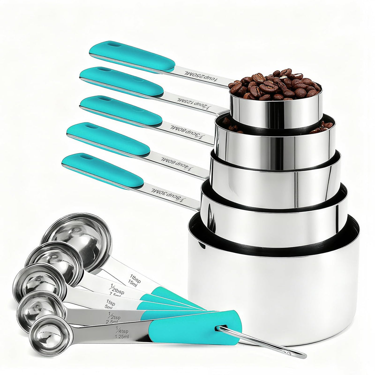 10-Pcs Stainless Steel Measuring Cups & Spoons Set, Colorful Handles