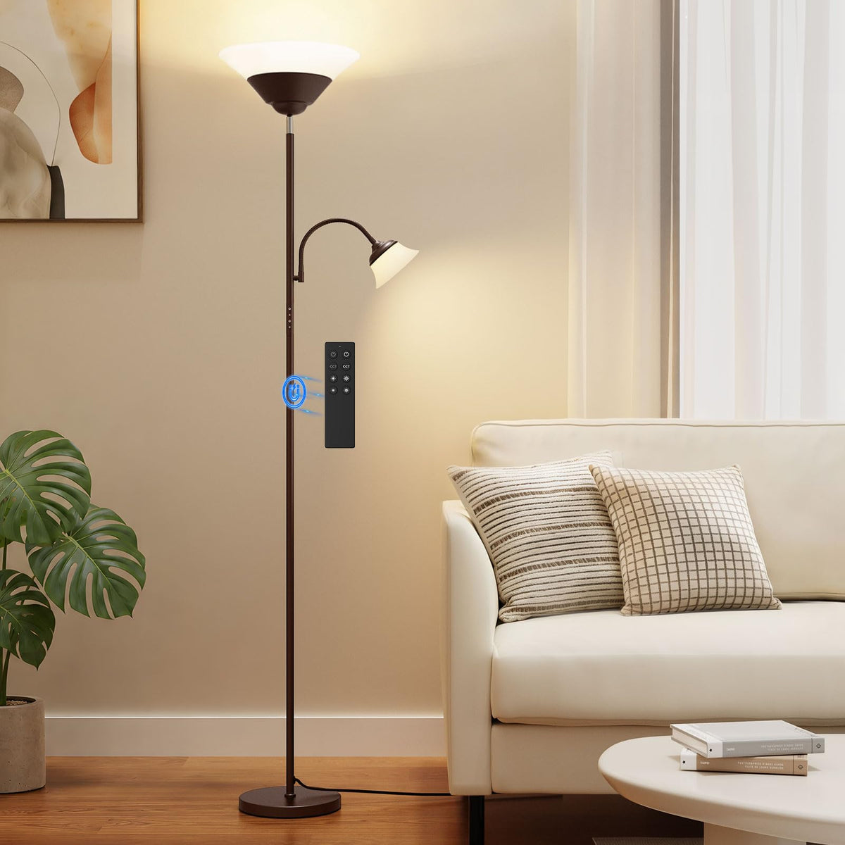 SIBRILLE 2-in-1 Torchiere Floor Lamp, 34W Super Bright LED Standing Lamp with Remote & Touch Control, 72" Dimmable Adjustable Corner Reading Lamp for Living Room, Bedroom, Office, Black