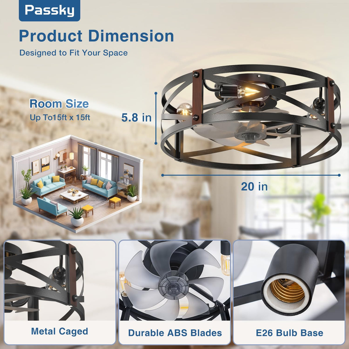 Passky 20" Caged Ceiling Fans with Lights and Remote, Low Profile Fandelier