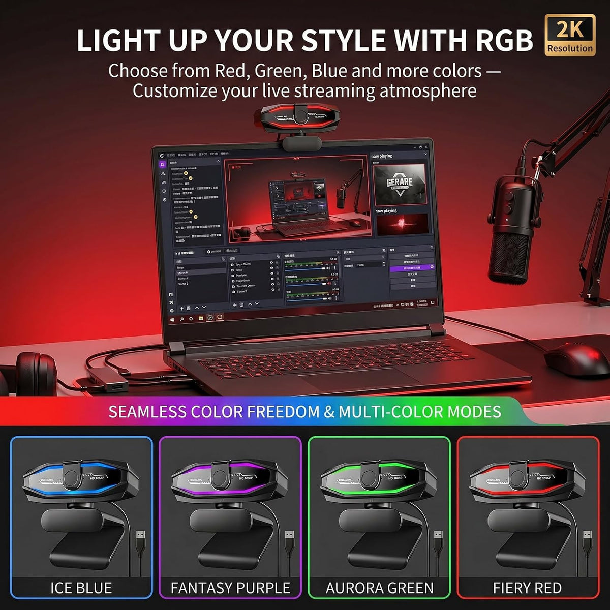 1080P Webcam for PC,90°FOV Web Camera with RGB Light Auto Light Correction
