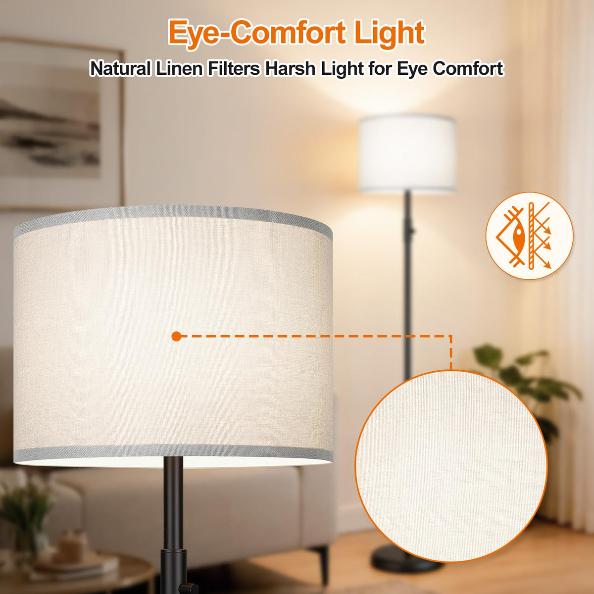 【Upgraded】 Dimmable Floor Lamp for Living Room,1000 Lumens Bulb Included, Modern Floor Lamps Simple Design with Linen Shade, Tall Standing Lamp for Bedroom Office Dining Room, Black Pole Lamp