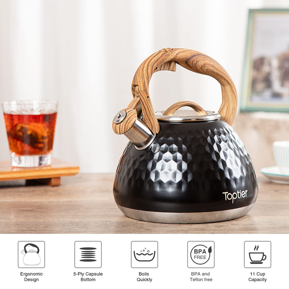 Tea Kettle, Toptier Teapot Whistling Kettle with Wood Pattern Handle Loud Whistle, Food Grade Stainless Steel Tea Pot for Stovetops Induction Water Kettle, 2.7-Quart Butterfly