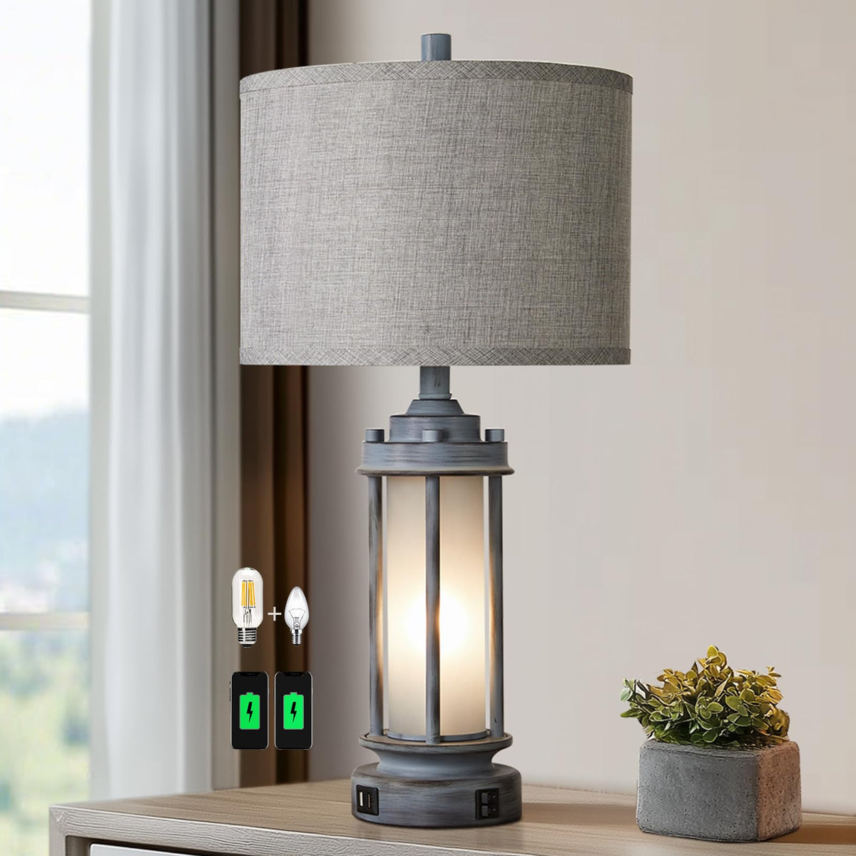AIEAMPDO 25'' Set of 2 Farmhouse Table Lamps for Living Room with USB C+A
