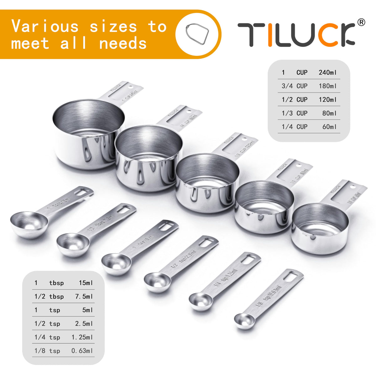 Stainless Steel Measuring Cups & Spoons Set, Cups and Spoons