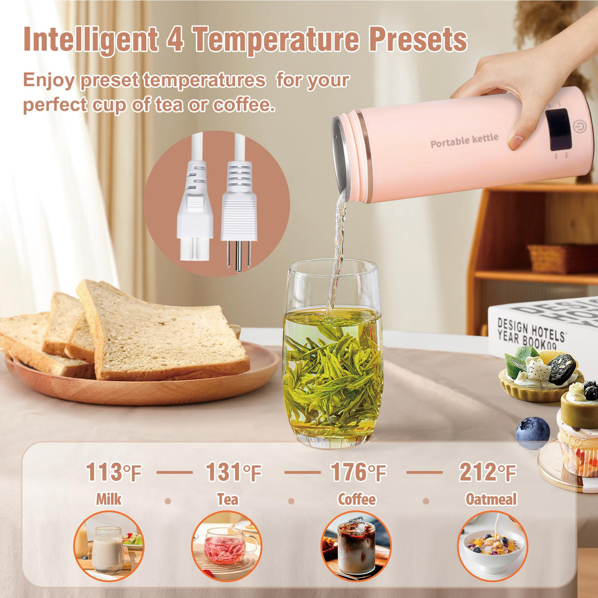 Portable Electric Kettle for Travel 120V, 13.5oz, 4 Temp Settings