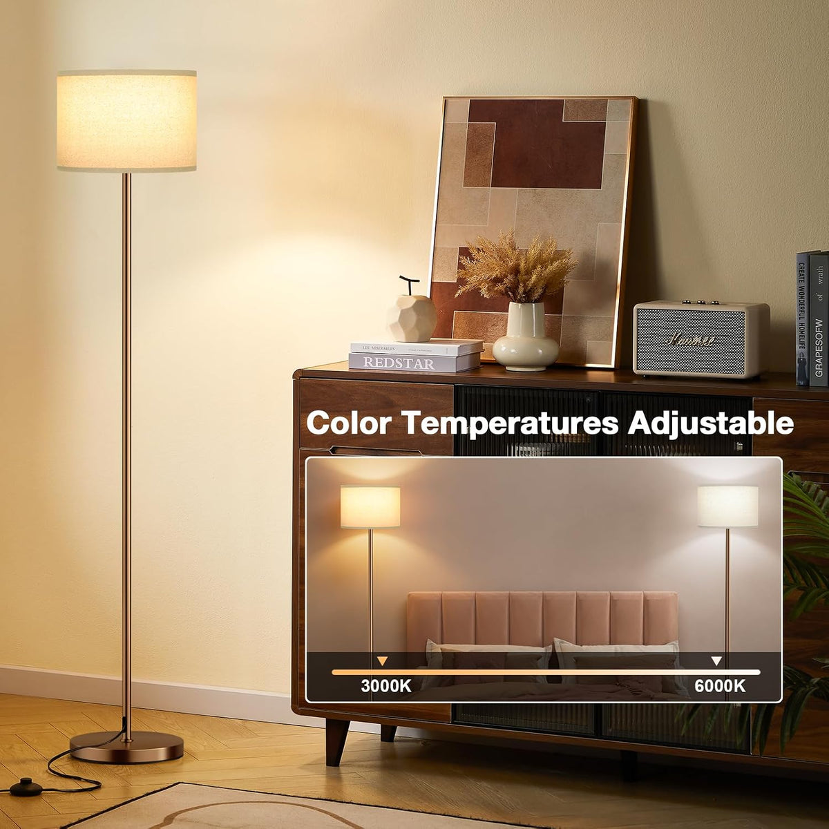 Modern Floor Lamp Simple Design with White Shade & Foot Pedal Switch