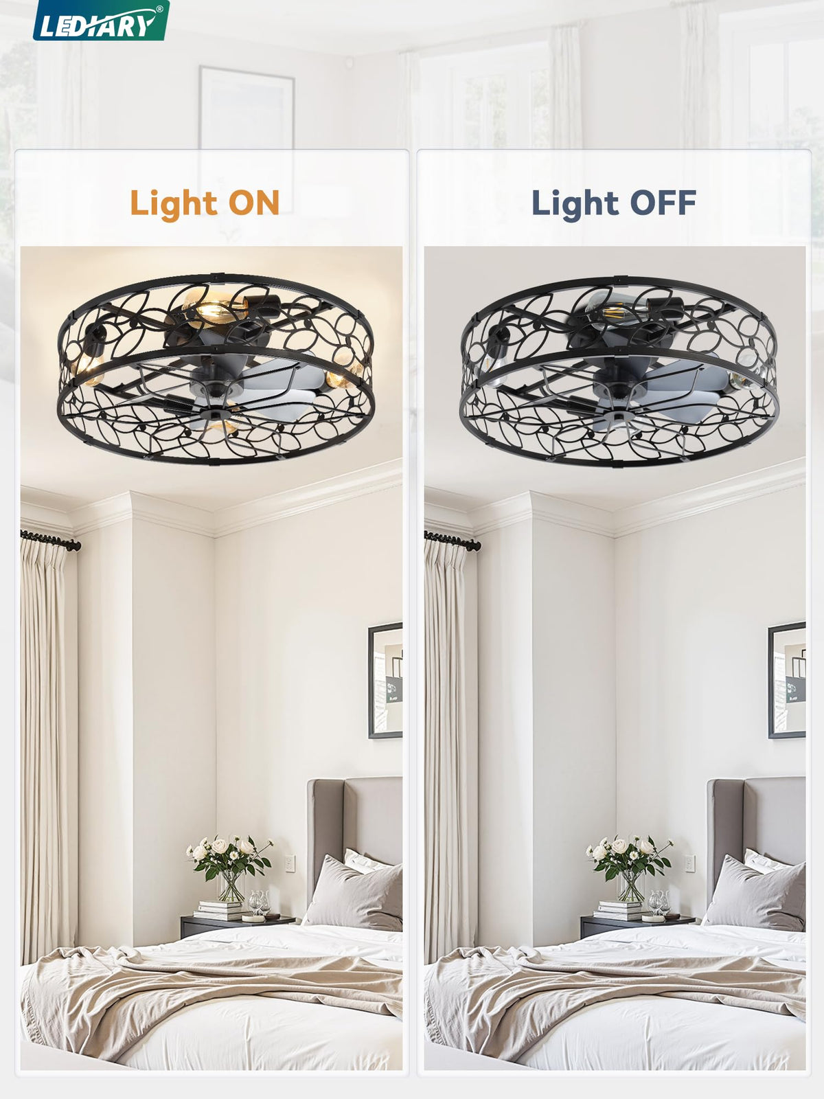 LEDIARY Caged Ceiling Fan with Light, Flush Mount Fandalier with Remote
