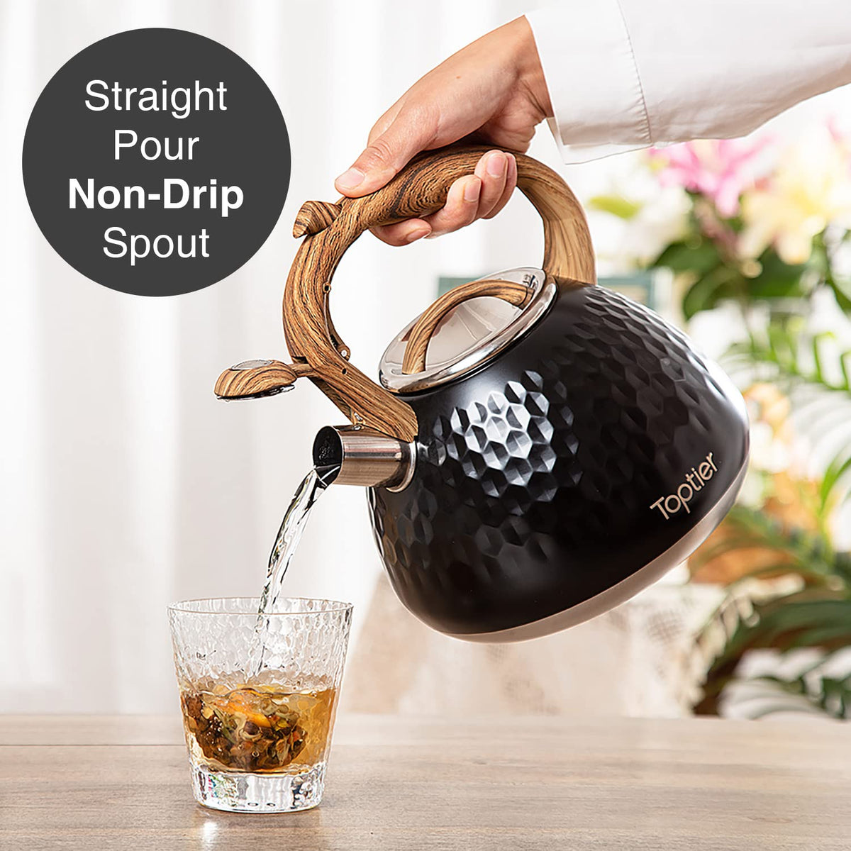 Tea Kettle, Toptier Teapot Whistling Kettle with Wood Pattern Handle Loud Whistle, Food Grade Stainless Steel Tea Pot for Stovetops Induction Water Kettle, 2.7-Quart Butterfly