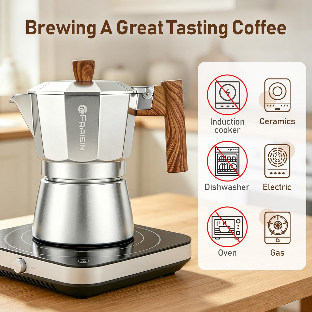 Stovetop Espresso Moka Pot Coffee Maker, Non-slip Wood Grain Handle, Cast Aluminum, Compatible with Gas, and Electric Stoves (Black, 12 cups)