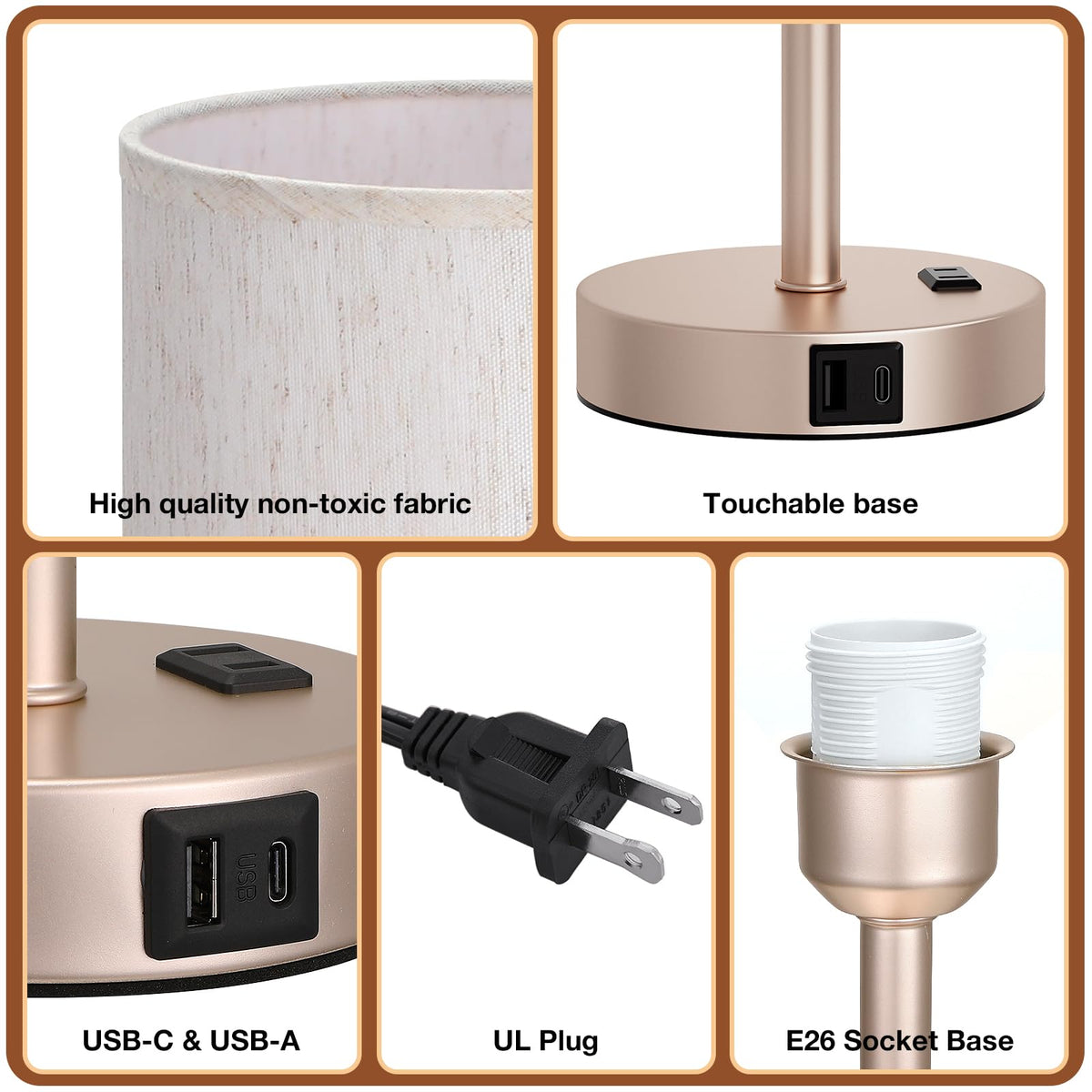 Dicoool Bedside Table Lamp for Bedroom - 3-Way Dimmable Touch Lamp, USB A+C