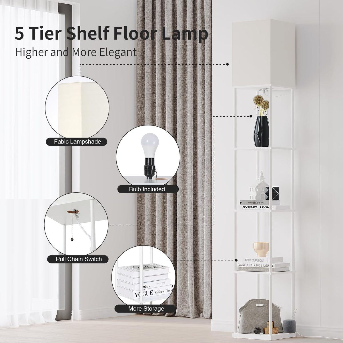 SUNMORY Floor Lamp with Shelves, Standing Lamps for Living Room, Black