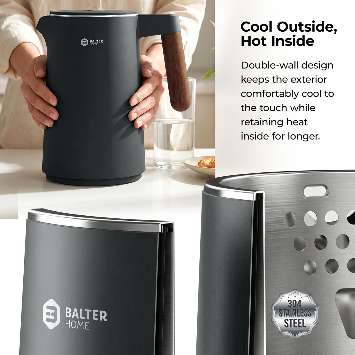 BALTER Electric Kettle with Temperature control, 113 °F – 212 °F, Tea pot, Stainless steel, double wall water kettle, BPA-free, 1.5 L, Black