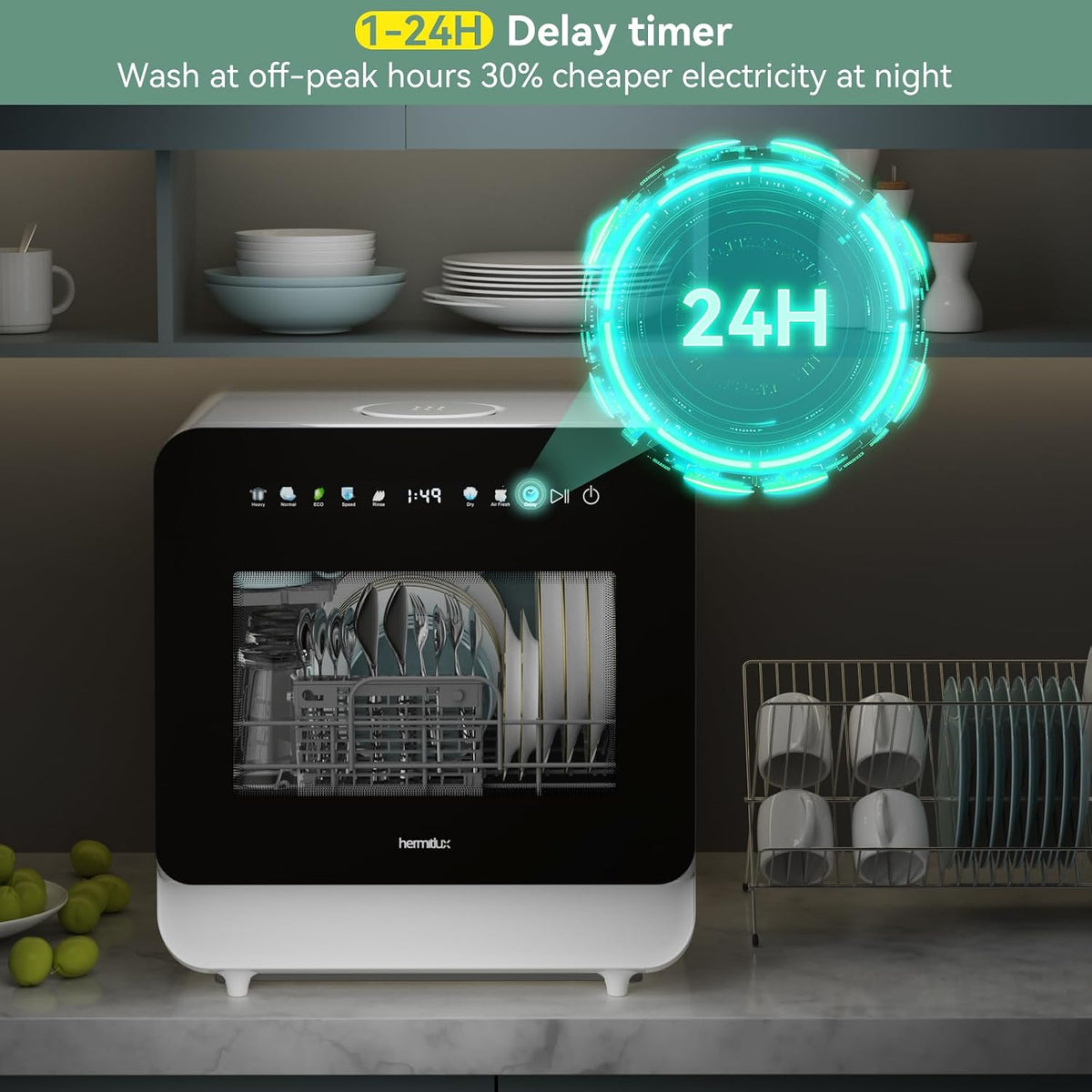 Hermitlux Countertop Dishwasher, 5 Place Settings Portable Dishwashers Mini
