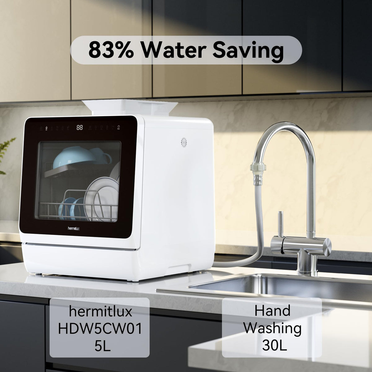 Hermitlux Countertop Dishwasher, 5 Place Settings Portable Dishwashers Mini