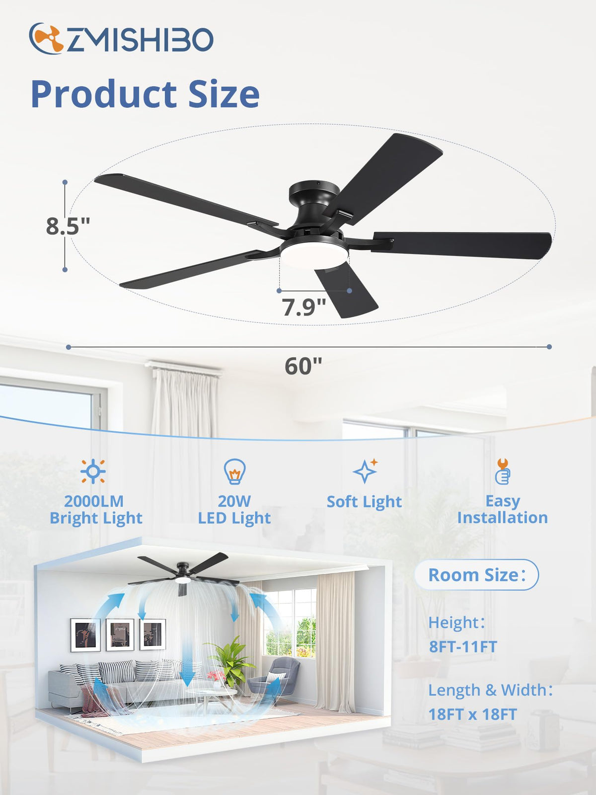 ZMISHIBO 52 Inch Ceiling Fans with Lights, Remote&App Control, Flush Mount