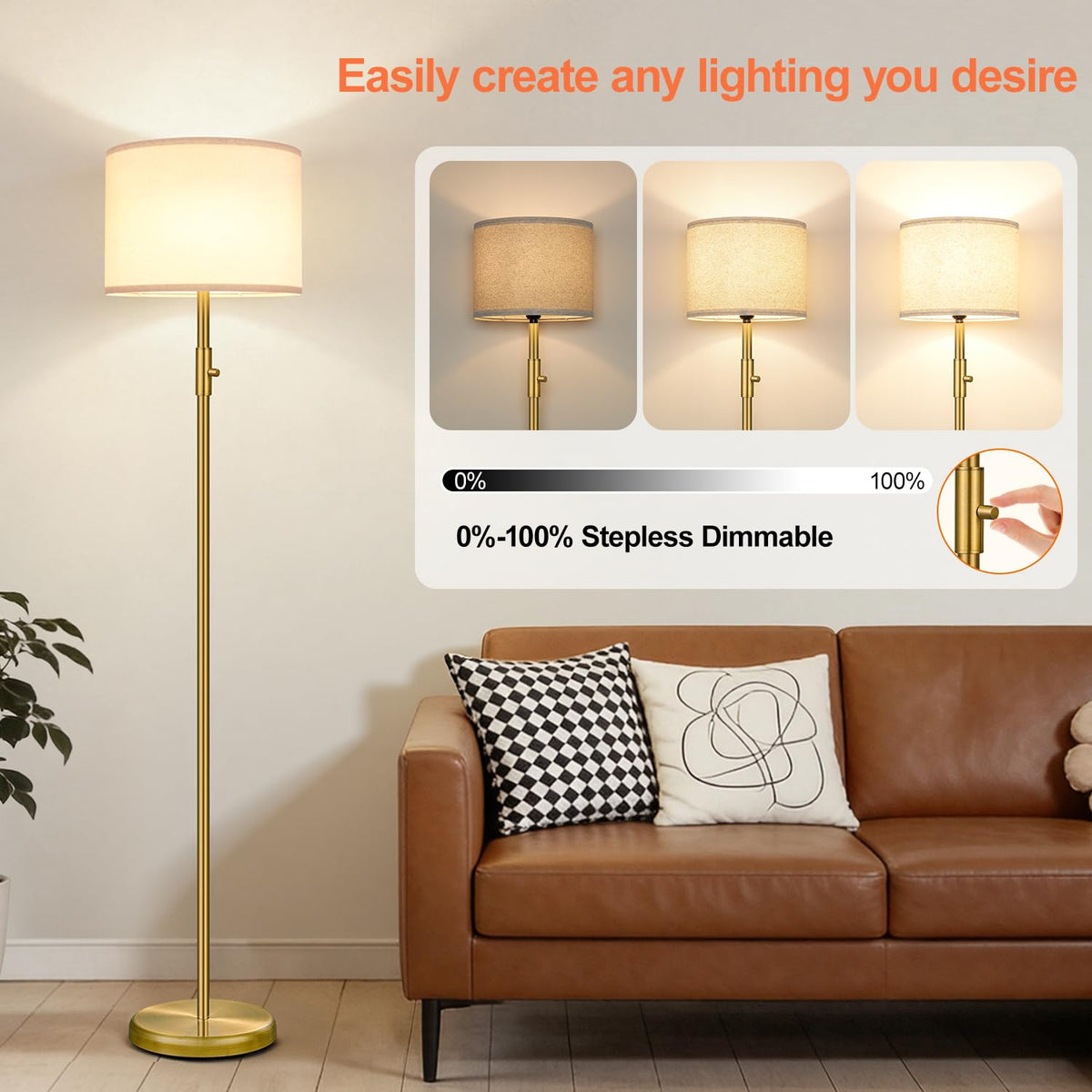 【Upgraded】 Dimmable Floor Lamp for Living Room,1000 Lumens Bulb Included, Modern Floor Lamps Simple Design with Linen Shade, Tall Standing Lamp for Bedroom Office Dining Room, Black Pole Lamp