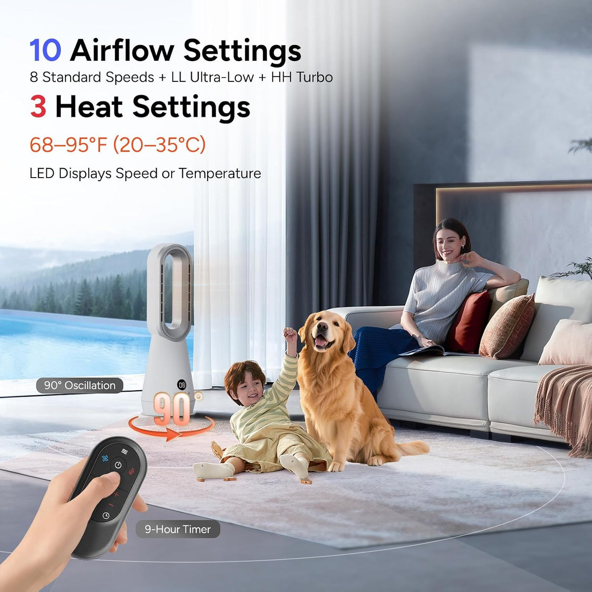 3-in-1 Bladeless Fan Combo, 22" Bladeless Tower Fan with Air Purifier, 90° Oscillating Fast Heating & Cooling, Remote Control, Quiet Portable for Bedroom Home Office, White