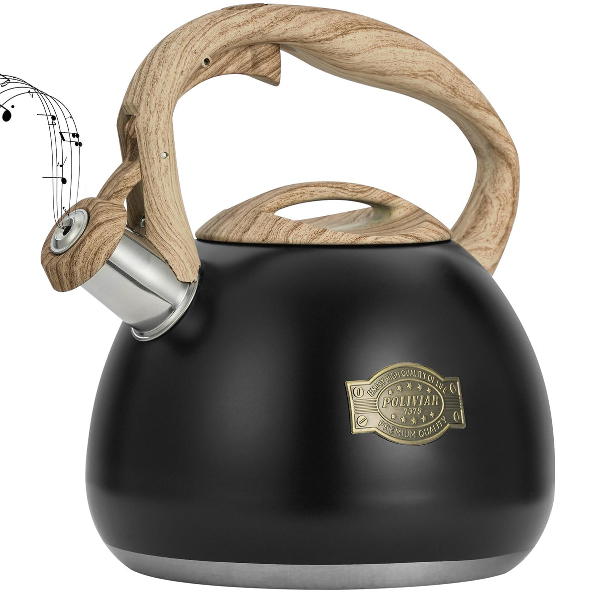 POLIVIAR Tea Kettle, 2.7 Quart Natural Stone Finish with Wood Pattern Handle Loud Whistle Food Grade Stainless Steel Teapot, Anti-Hot Handle and Anti-Rust, Suitable for All Heat Sources (JX2018-GR20)