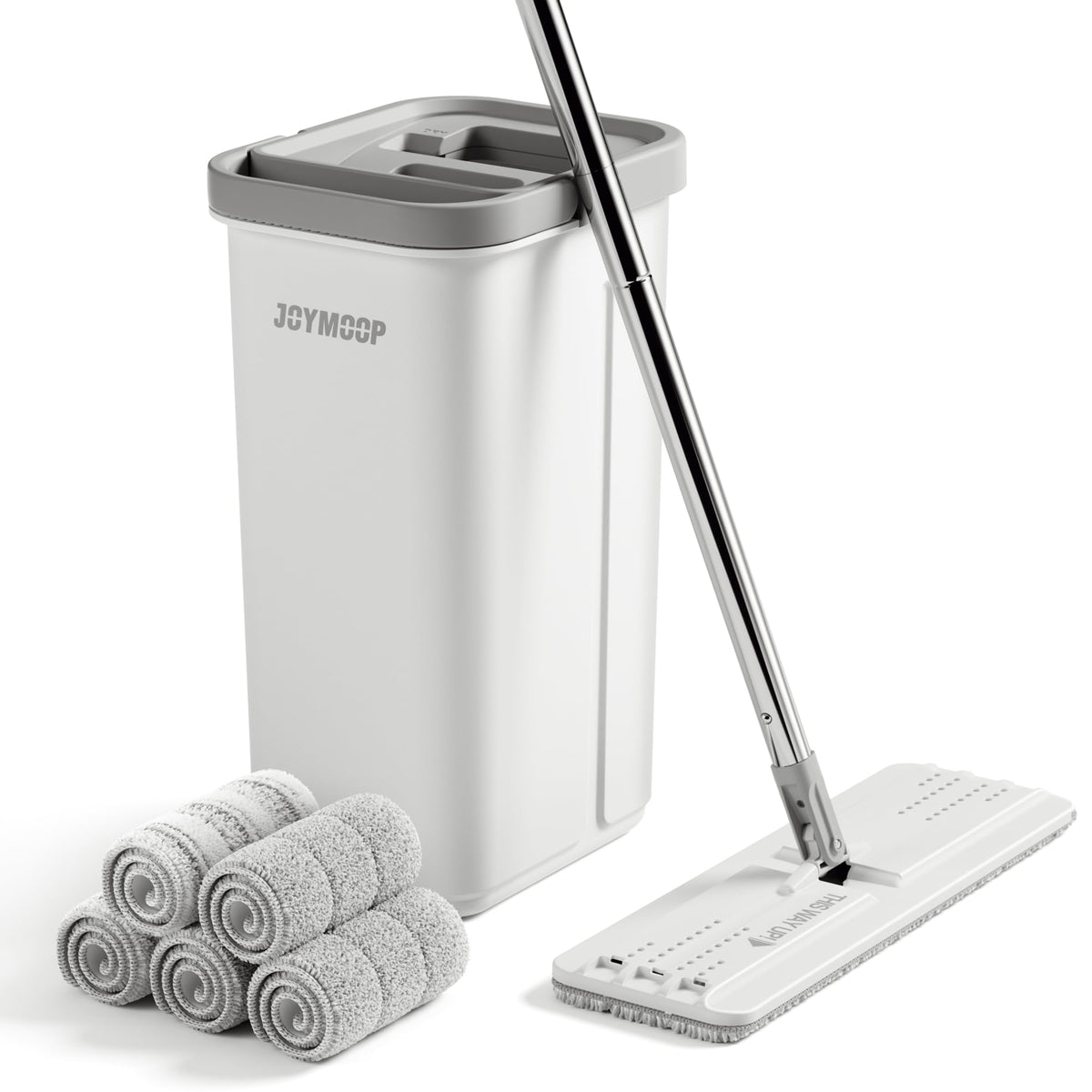 JOYMOOP Flat Mop System, Microfiber Mop and Bucket Set, White, Commercial & Household Use, Hardwood Floor & Wall Cleaning Mop with Long Handle, 4 Microfiber Pads