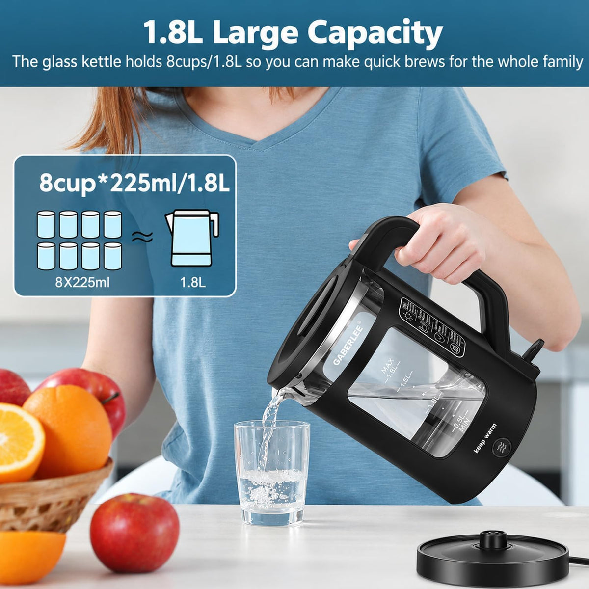 Electric Kettle, 1.8L Glass Tea Kettle with Keep Warm Function