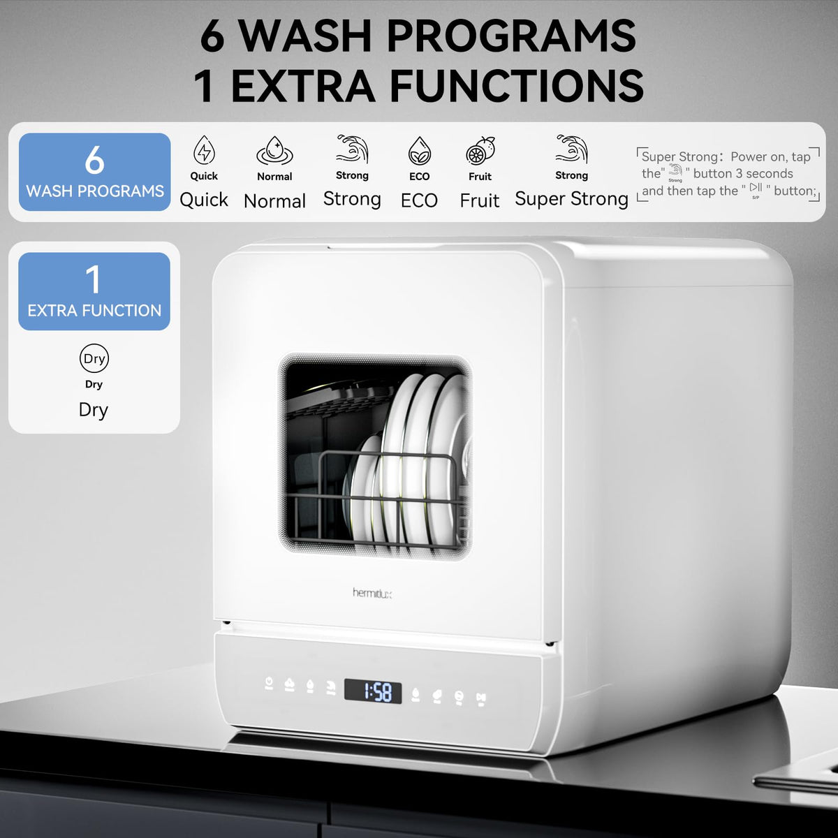 Hermitlux Countertop Dishwasher, 5 Place Settings Portable Dishwashers Mini