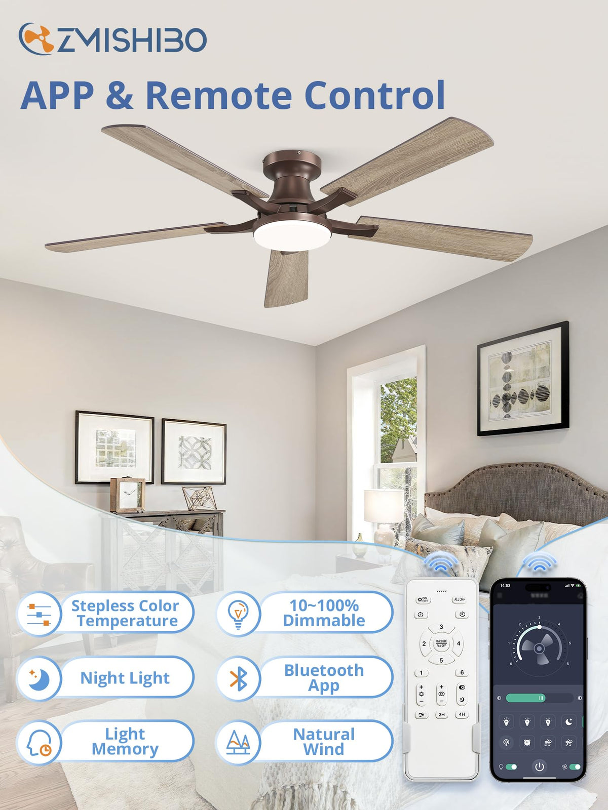ZMISHIBO 52 Inch Ceiling Fans with Lights, Remote&App Control, Flush Mount
