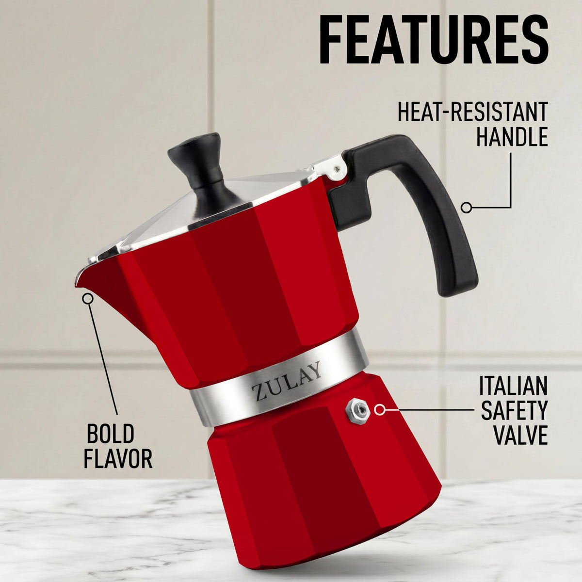 Zulay Moka Pot Espresso Stovetop Coffee Maker - Leak-Proof, Stainless Steel, Easy to Clean, Heat Resistant Handle & Knob - for Authentic Cuban & Italian Style Espresso - Makes 6 Espresso Cups - Red