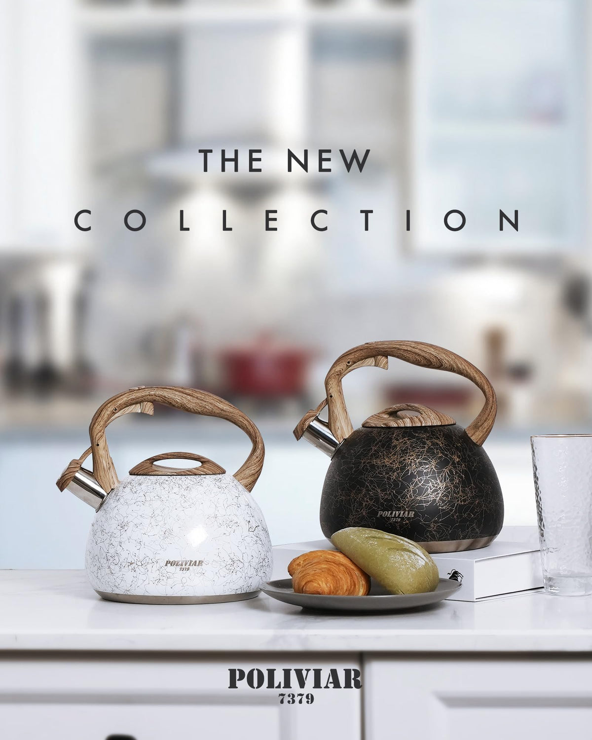 POLIVIAR Tea Kettle, 2.7 Quart Natural Stone Finish with Wood Pattern Handle Loud Whistle Food Grade Stainless Steel Teapot, Anti-Hot Handle and Anti-Rust, Suitable for All Heat Sources (JX2018-GR20)