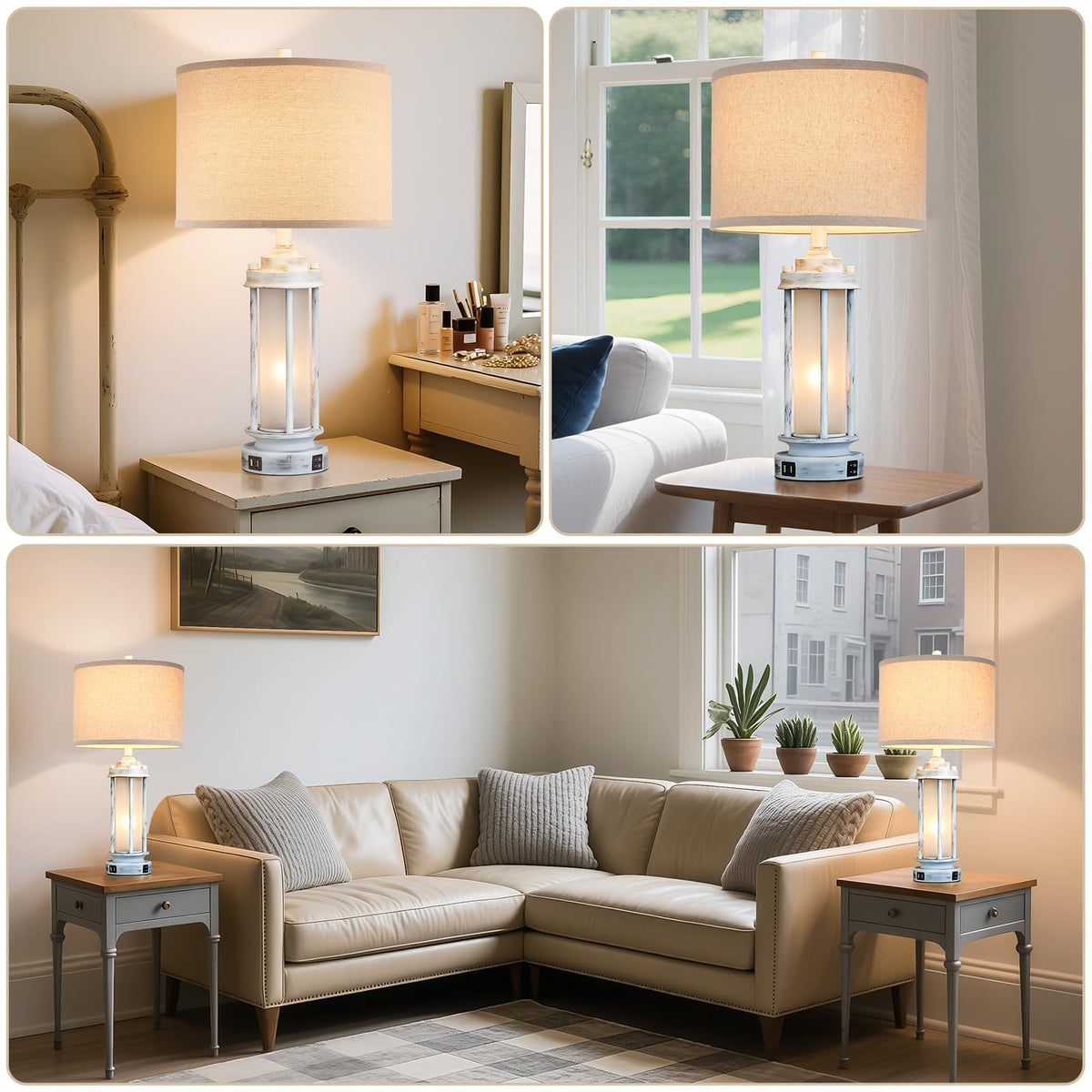 AIEAMPDO 25'' Set of 2 Farmhouse Table Lamps for Living Room with USB C+A