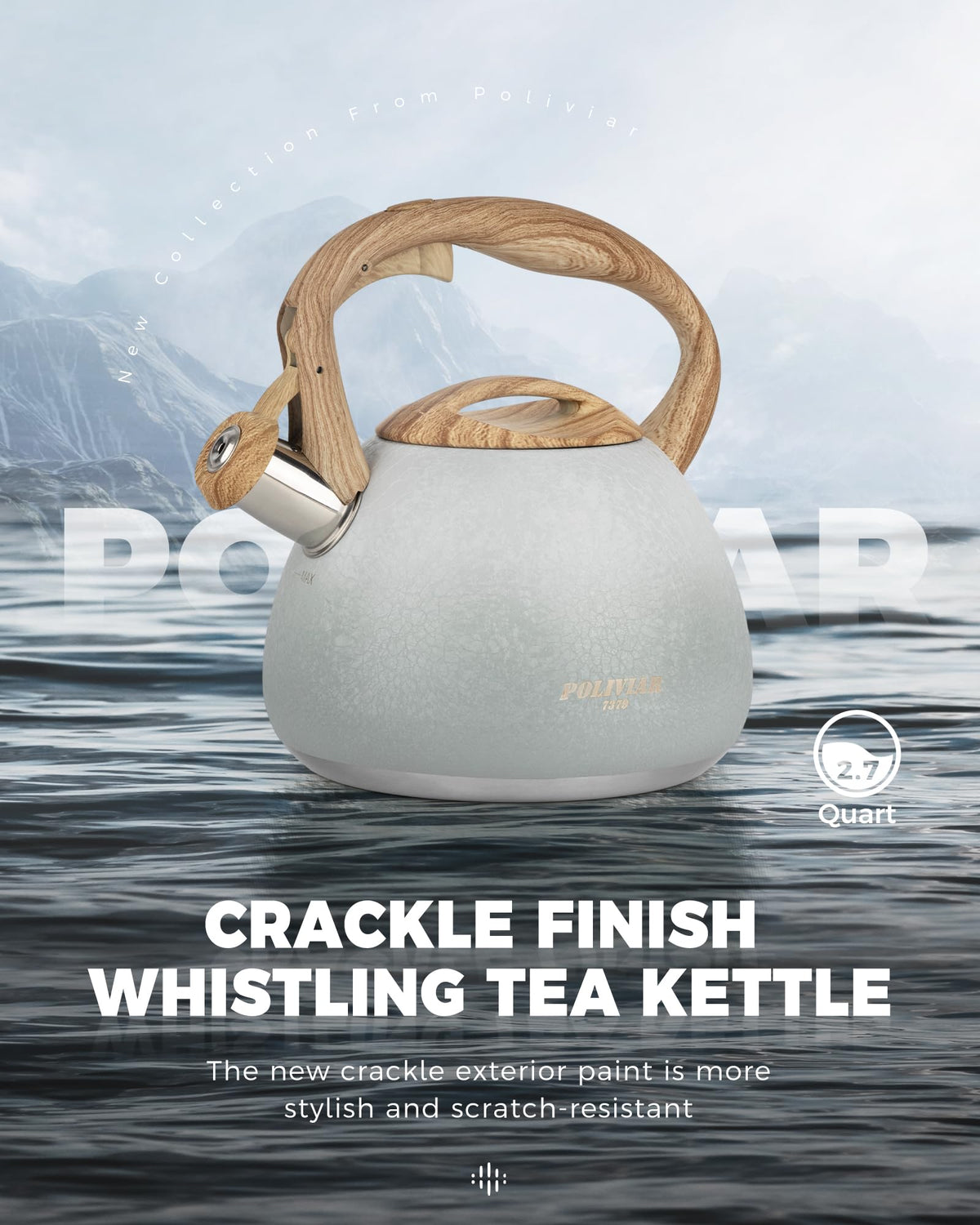 POLIVIAR Tea Kettle, 2.7 Quart Natural Stone Finish with Wood Pattern Handle Loud Whistle Food Grade Stainless Steel Teapot, Anti-Hot Handle and Anti-Rust, Suitable for All Heat Sources (JX2018-GR20)